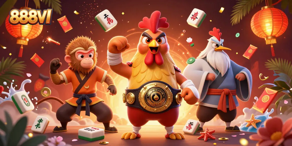 Join the thrill of 888VI with a vibrant scene featuring a Muay Thai rooster and martial arts elements.