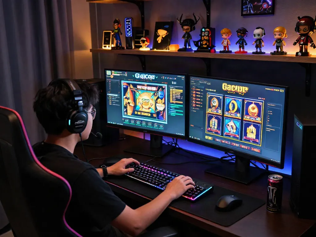 Engaged player enjoying slot gacor games on dual monitors in vibrant gaming setup.