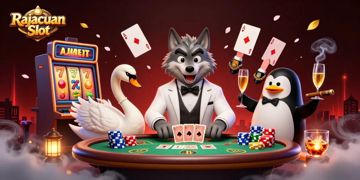 Jelajahi Rajacuan Slot dengan karakter 3D, mesin slot, dan keripik poker yang penuh warna.