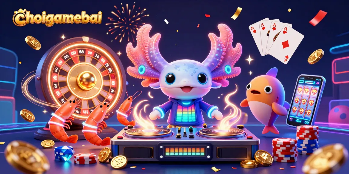 Engage with choigamebai's vibrant underwater casino scene featuring a neon axolotl DJ and glow-stick shrimp.