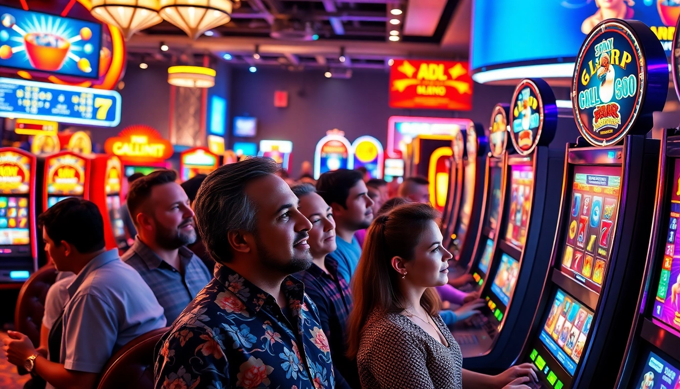 Engaged players experiencing the thrill of slot gambling in a vibrant casino.