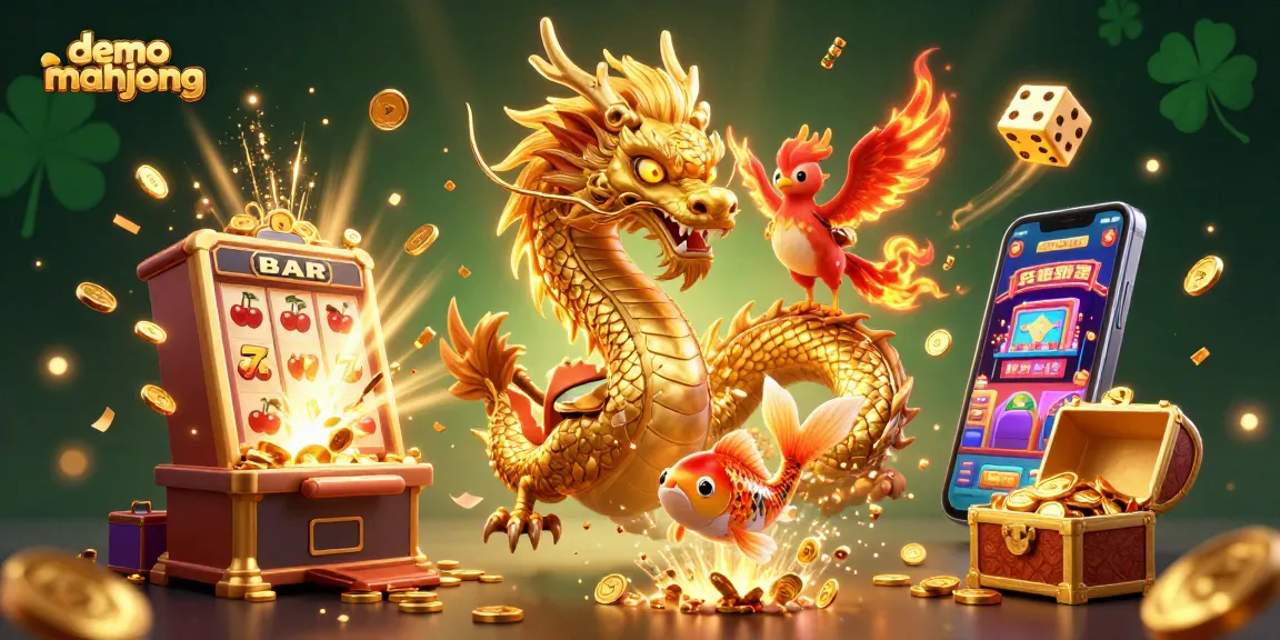 Bermain demo mahjong dengan naga emas dan ikan koi melawan latar belakang yang penuh koin.