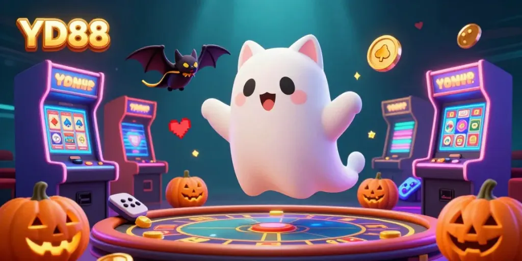 Engage with YD88's thrilling casino scene featuring a ghost cat and glowing game elements.