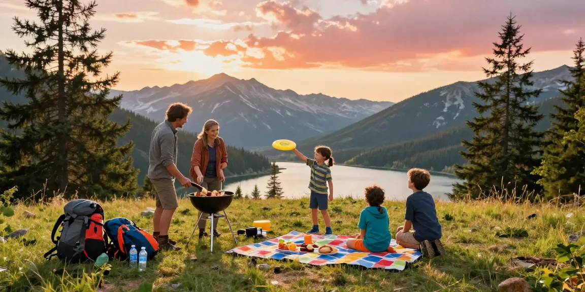 Family enjoying a picnic and adventure at mountain views with mantra88 gear in the background.