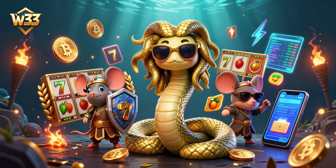 Play with w33 exciting slot games featuring Medusa and colorful elements in a vibrant scene.