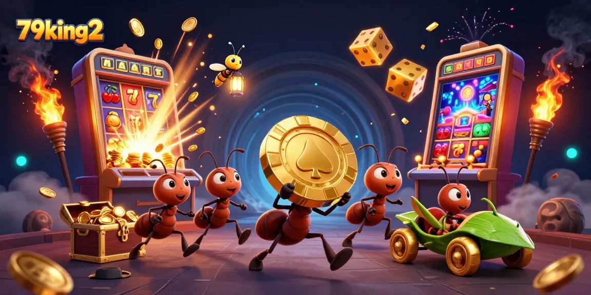 Join the 79king2 team of ants on a daring heist with a golden poker chip amidst casino chaos!