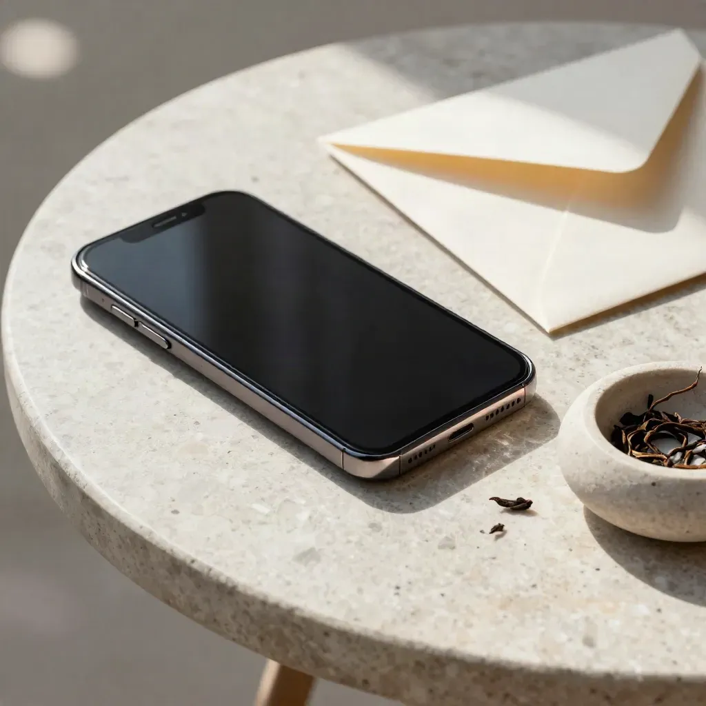 Dark phone glowing with a new message beside an unopened envelope and ceramic catchall on travertine.