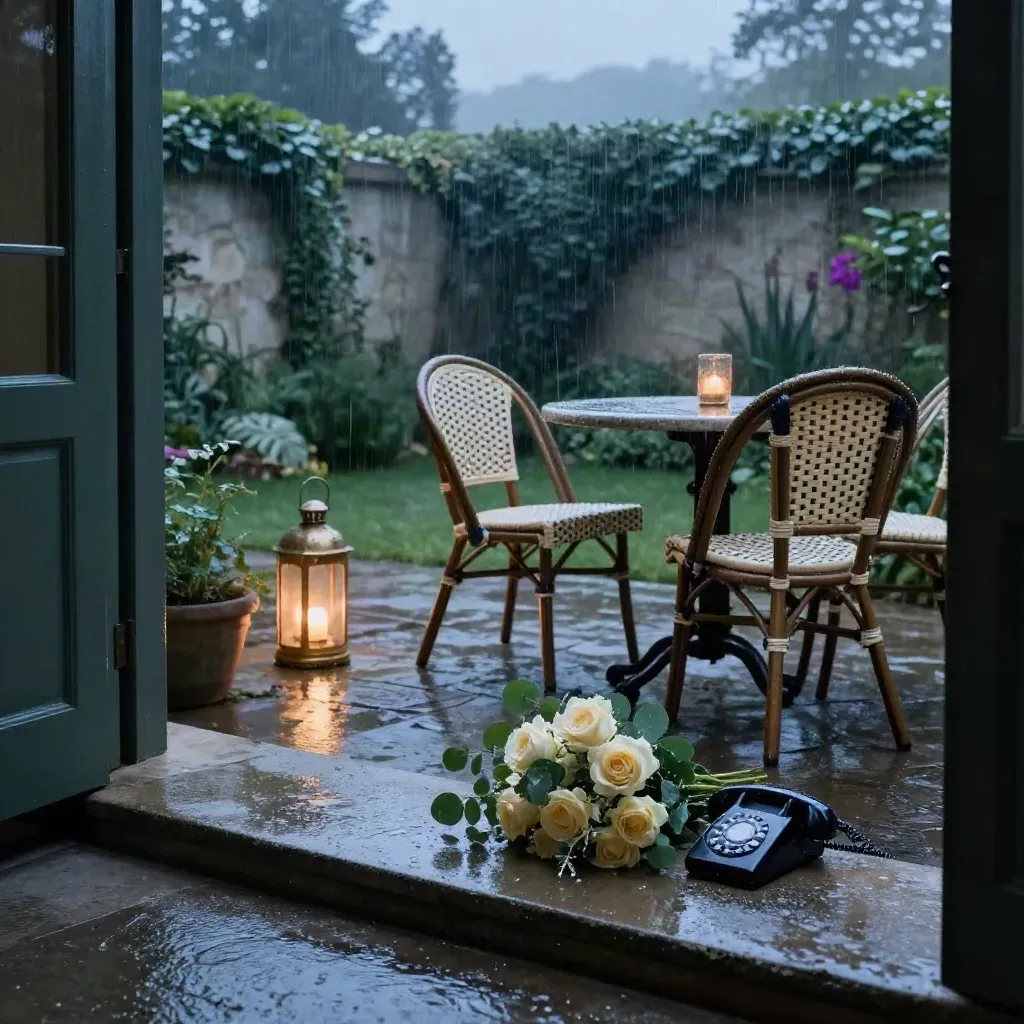 Rain-darkened courtyard with lantern, bistro chairs, stone table, bouquet and phone at blue hour.