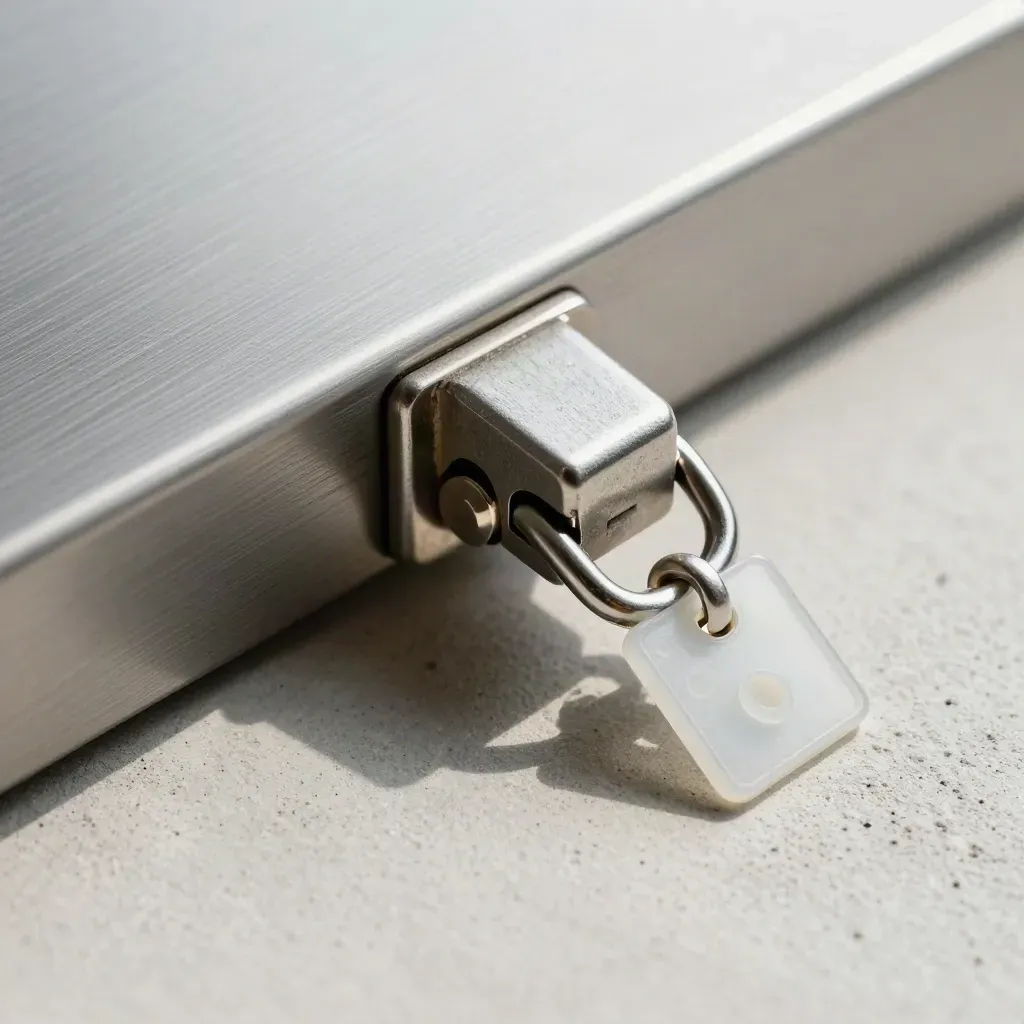 Brushed steel lockbox latch, frosted seal, and small key on pale concrete.