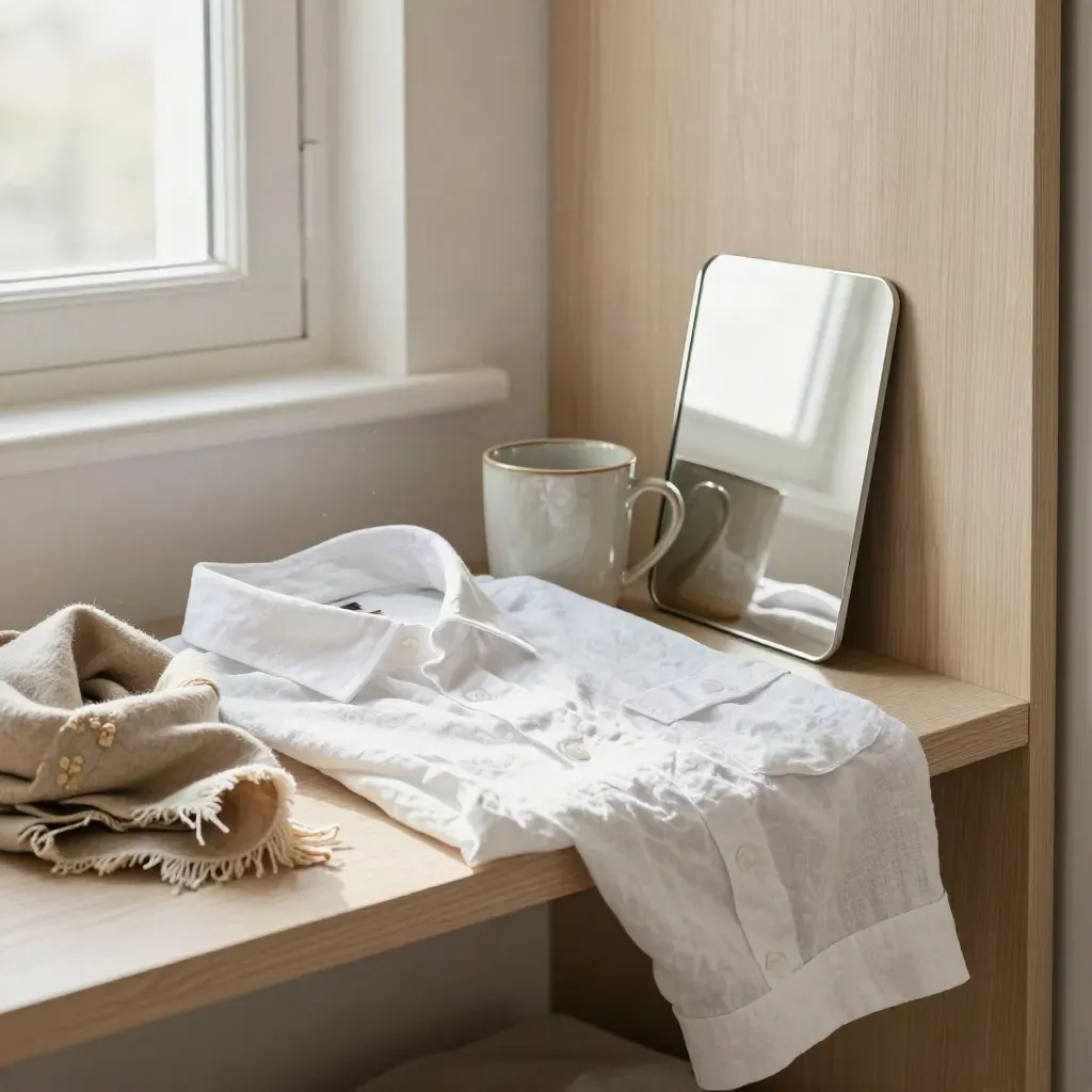 Linen shirt, mug, scarf, and small mirror on a shelf in warm morning light.