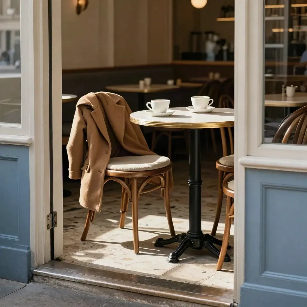 Bistro table by open doorway with two cups and a folded coat, softly lit in warm afternoon light.