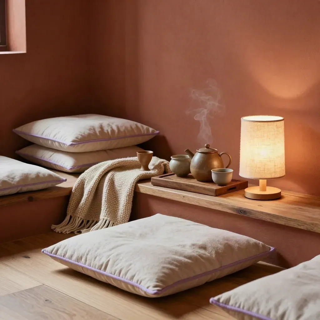 Cozy lounge corner with cushions, teapot, throw and lamp in warm afternoon light.