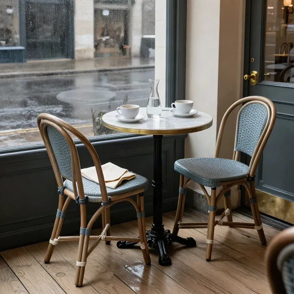 Rain-washed café corner with two chairs, a small table, and steam on the window.
