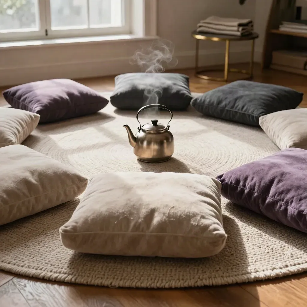 Empty grief group circle with cushions and a steaming teapot in a quiet community room.