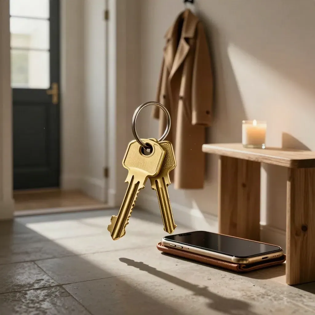 Keys, phone, coat and candle staged on a console in a calm evening hallway.