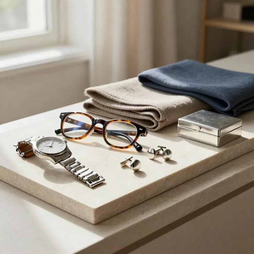 Curated pairs of personal objects on a pale tray in soft daylight, angled diagonally.
