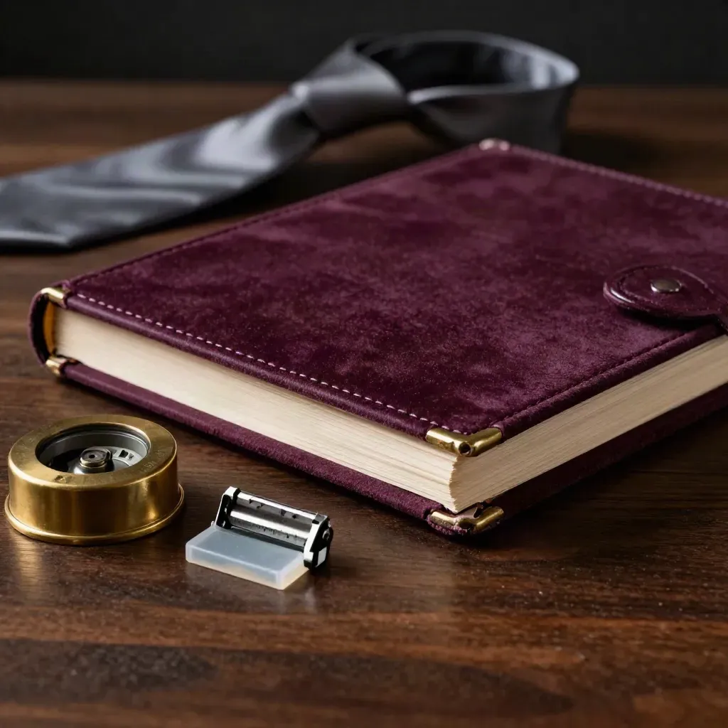 Plum velvet profile binder, brass paperweight and privacy seal on dark walnut.