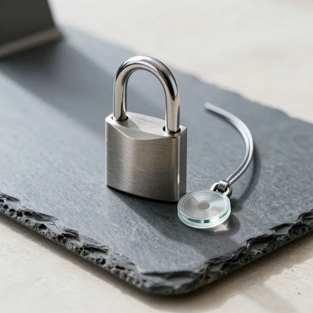 Frosted seal, steel lock, and clear verification token on a slate tray