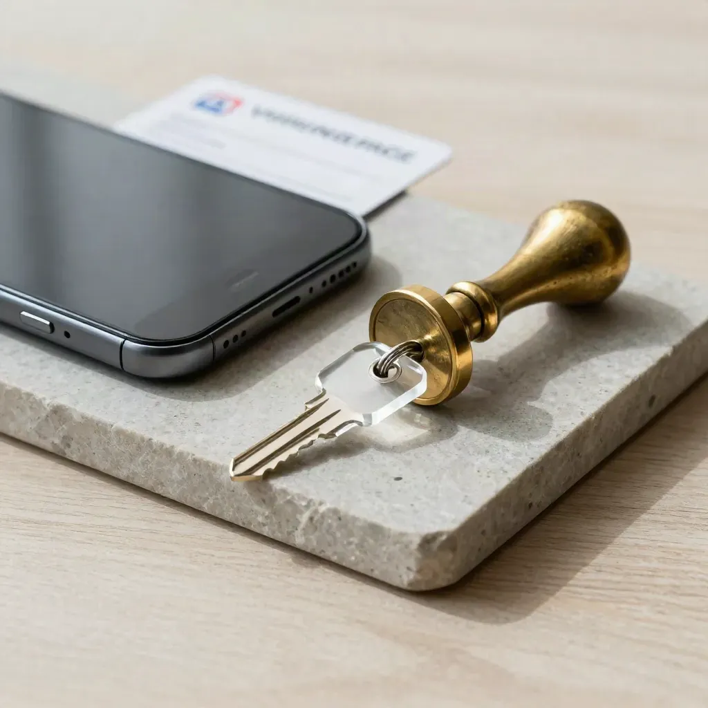Overhead still life of a phone, seal stamp and key token on pale wood.