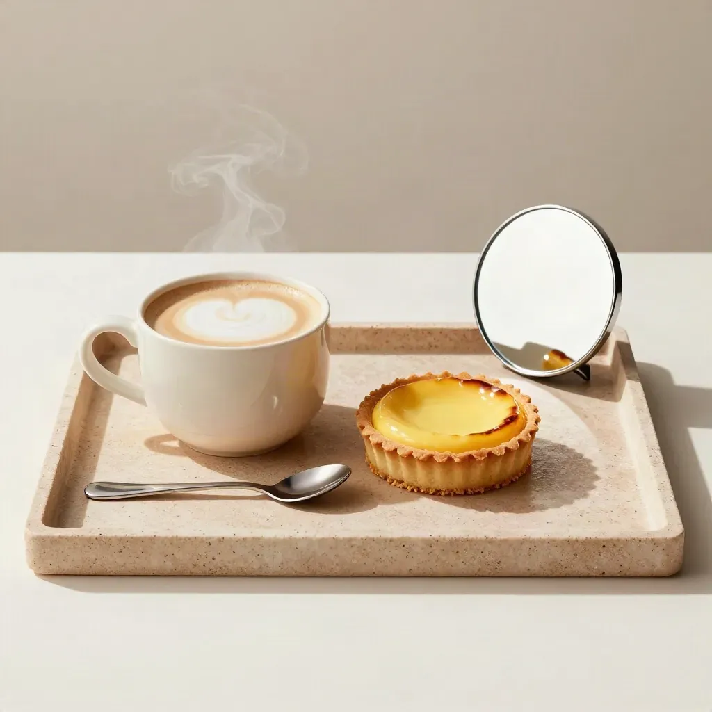 Top-down cappuccino, lemon tart, spoon and compact mirror on a warm stone tray with steam.