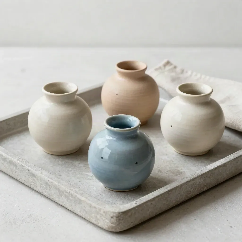 Top-down stone tray with three paired ceramic forms and folded linen in slate blue and ivory.