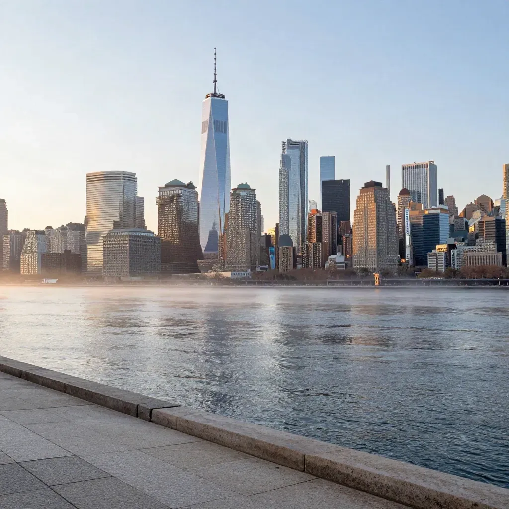Manhattan skyline glowing above a hazy river with a bridge edge in warm sunrise light.