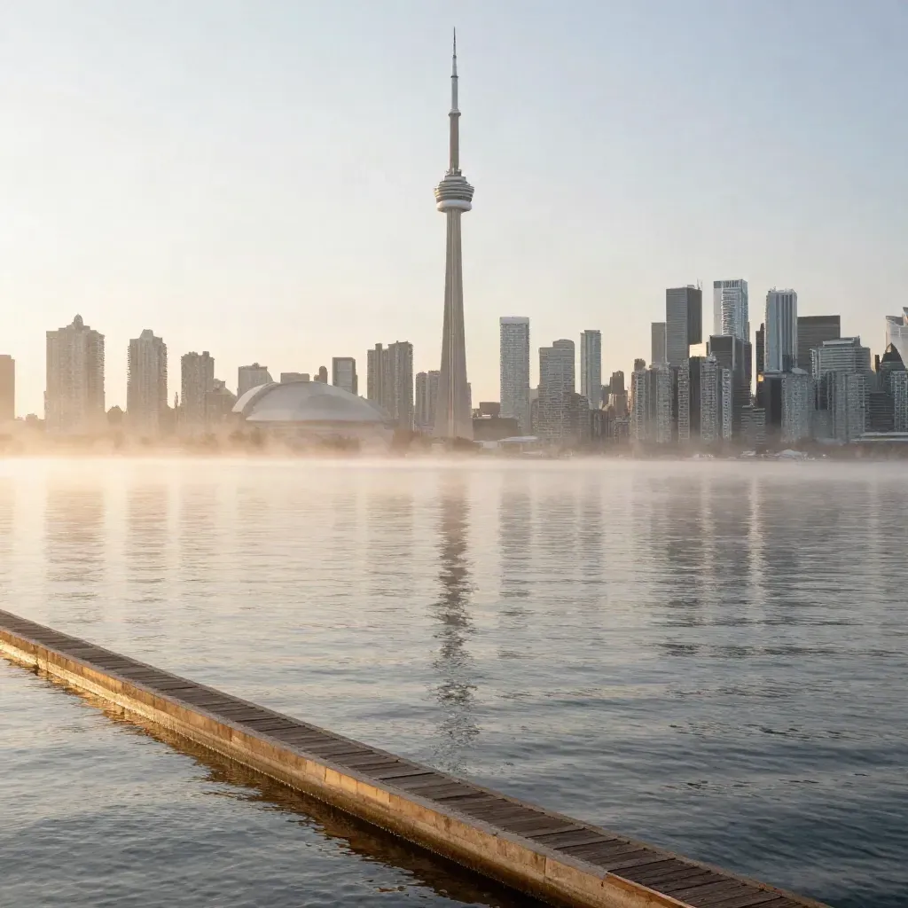 Toronto skyline with CN Tower above misty lakefront water at amber hour.