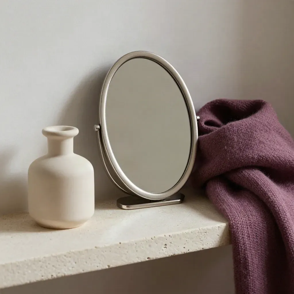 A vanity shelf still life with mirror, sweater, perfume bottle, and plum scarf.