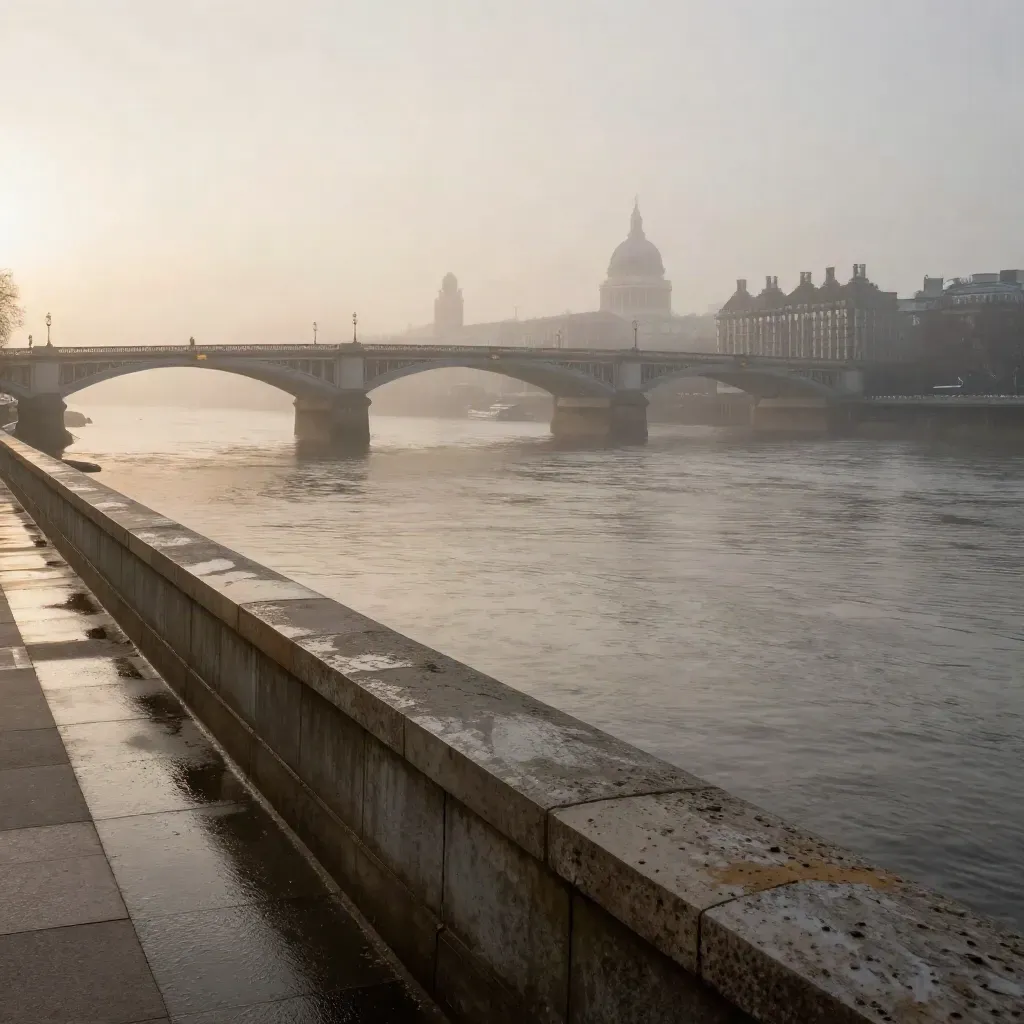 Fog-softened Thames skyline with bridge arc, distant dome, and calm river light over London