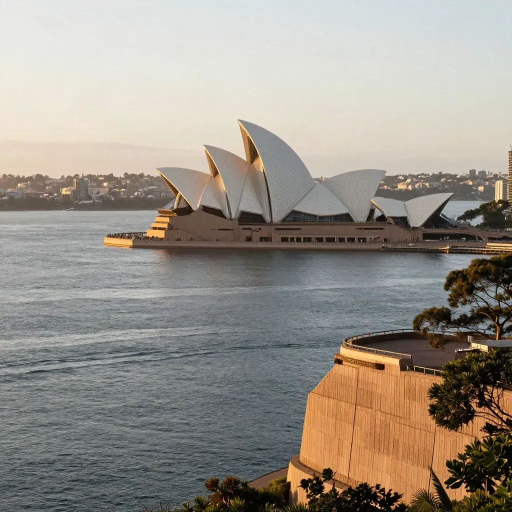 Sydney Harbour at dusk with sail-like roofline above calm hazy water