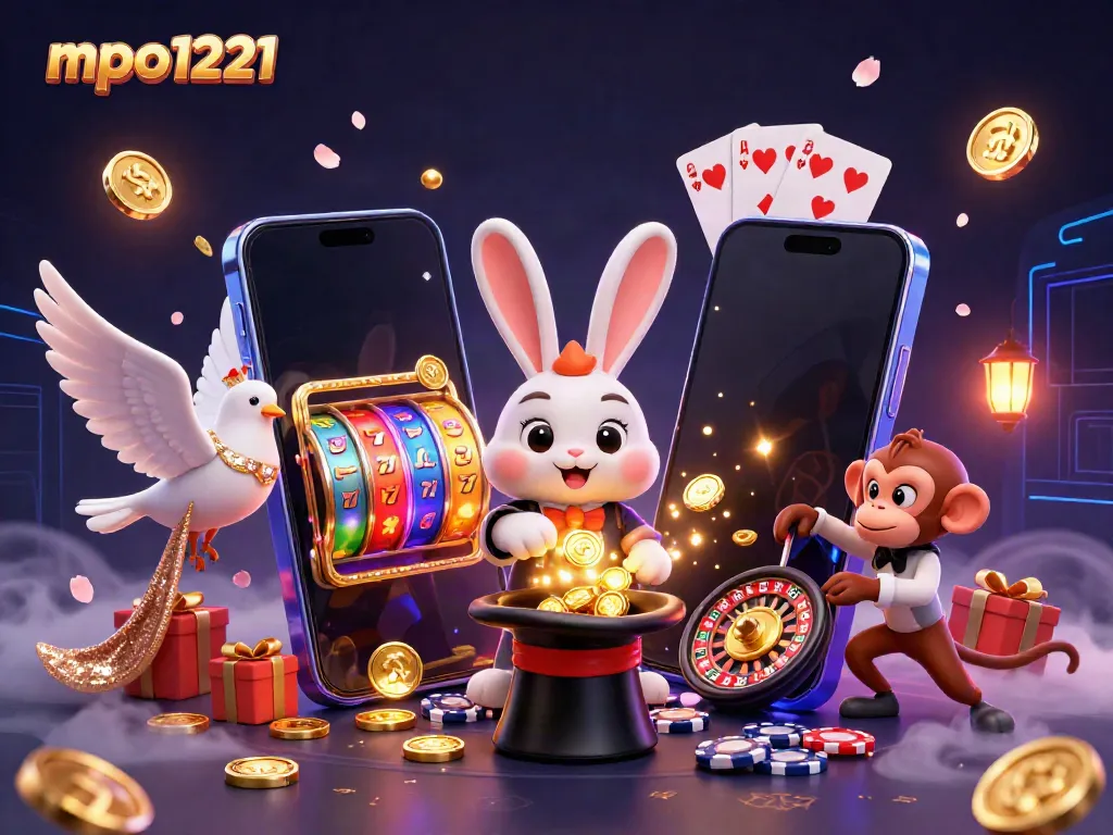 Experience the magic of mpo1221 with a cartoon magician rabbit, dove, and monkey in a vibrant casino scene.