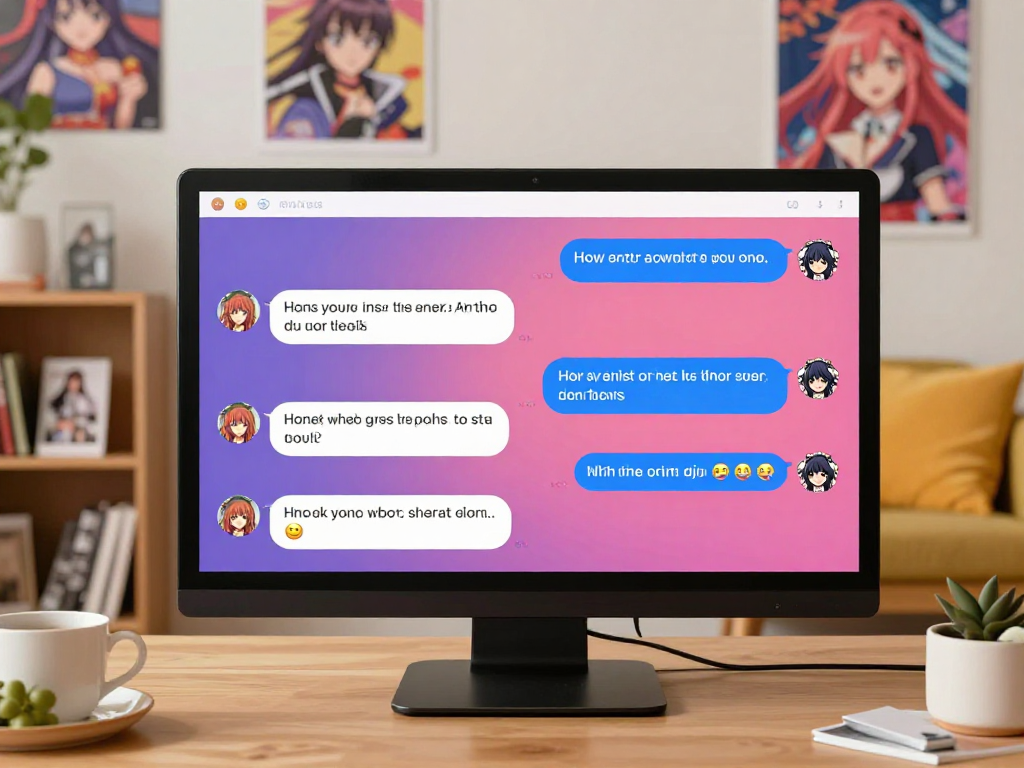 Engaging hentai chat conversation in a cozy virtual setting with colorful chat bubbles.