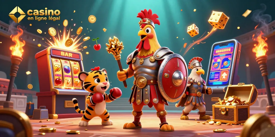 Jouez à casino en ligne France légal avec un combat épique entre un coq gladiateur et un tigre, riche en éléments de jeux.