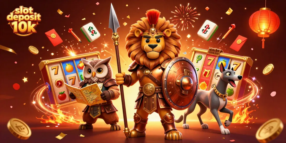 Permainan slot deposit 10k di kasino dengan simbol jackpot dan karakter animasi menarik.