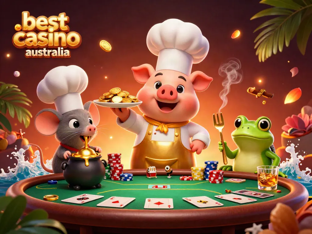 Explore the best casino Australia experience with lively characters enjoying poker, gold coins, and vibrant scenes.