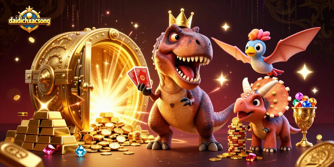 Engage in daidichxacsong with cartoon dinosaurs in a vibrant casino setting, shuffling cards and stacking chips.