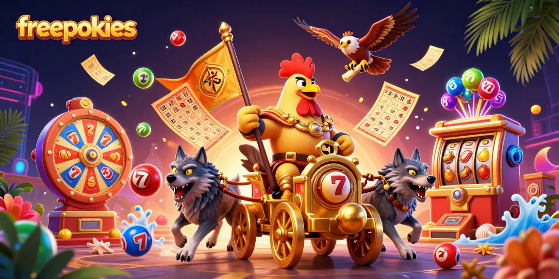 Experience freepokies excitement with a vibrant 3D casino scene featuring lottery elements and vivid character action.