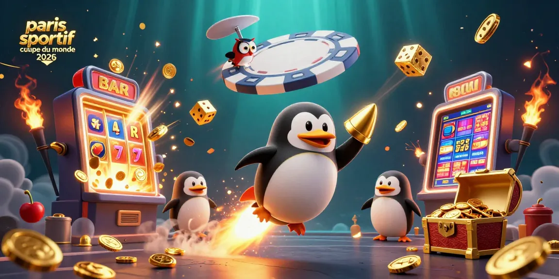 La scène illustrant le paris sportif Coupe du Monde 2026 avec un pingouin doré et des éléments de casino dynamique.