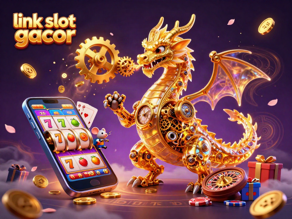 Engage with link slot gacor featuring a golden dragon, slot reels, and vibrant casino elements.