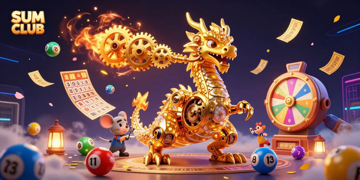 Experience SUM CLUB excitement with a golden dragon showering players in winning lottery balls and prizes.