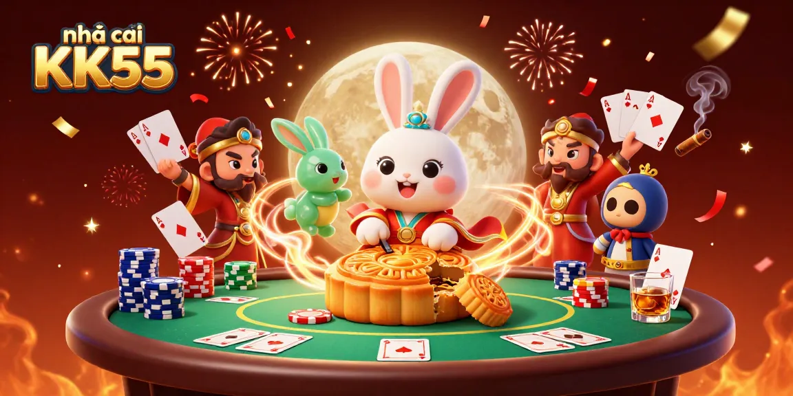 Engage with the vibrant world of nhà cái KK55 as the moon rabbit celebrates with poker chips and mooncakes.