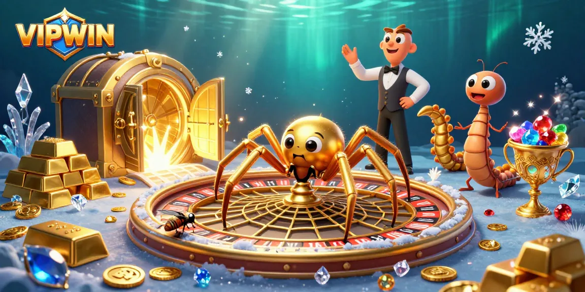 Experience the VIPWIN excitement with a golden spider at the roulette wheel and treasure galore.