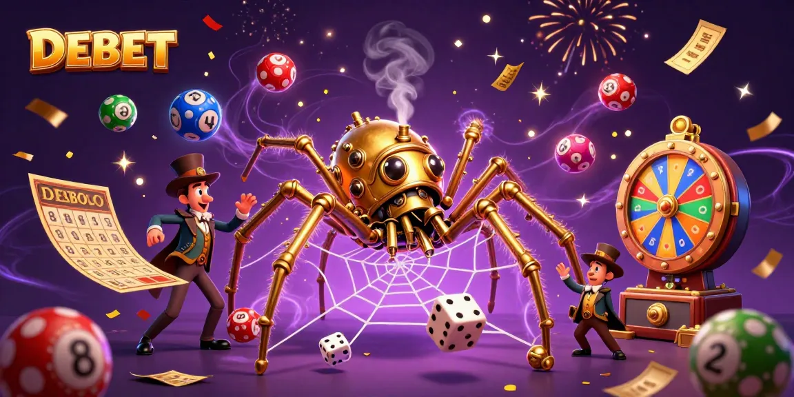 Engage with DEBET: A steampunk spider ensnares dice in a vibrant casino-themed illustration.