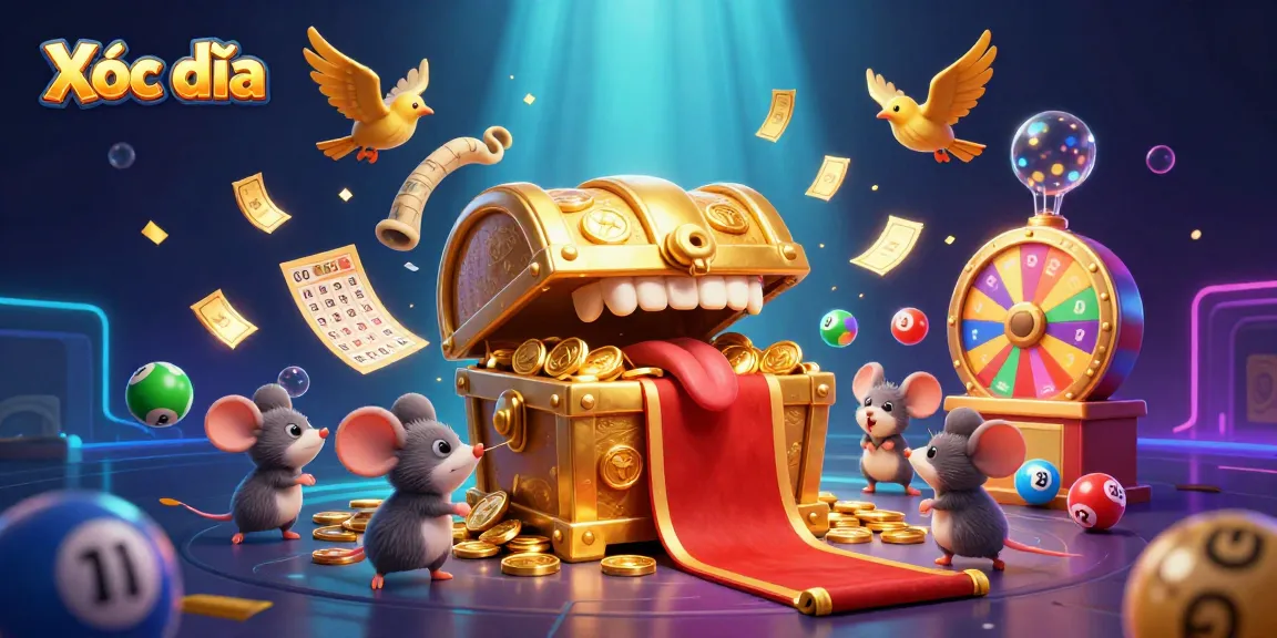 Xóc đĩa showcases lively gaming action with vibrant elements and a golden treasure chest illustration.