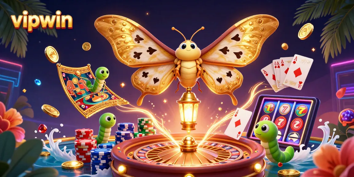 Experience vibrant casino excitement with vipwin, featuring an atlas moth and golden casino elements.