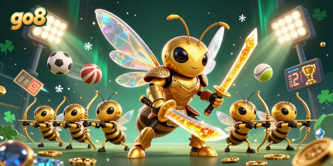 Engage in thrilling gameplay at go8 with this dynamic illustration featuring golden hornet warriors and sports elements.