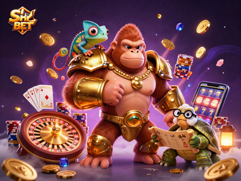 Experience SH BET thrills with a gorilla king, a chameleon spy, and a tortoise elder in vibrant casino chaos.
