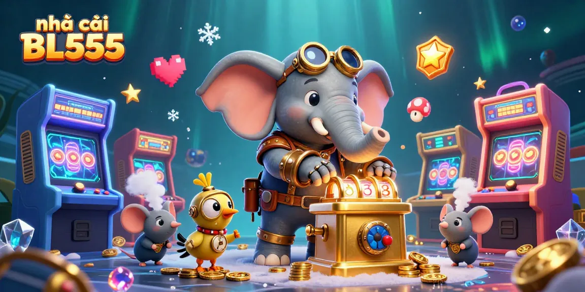 Spin the reels at nhà cái BL555 with a steampunk elephant and arcade-inspired gaming elements.