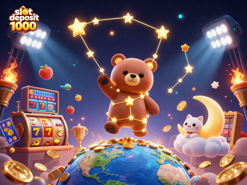 Engage with slot deposit 1000 while cartoon stars scoop coins, celebrating winning moments in a vibrant casino scene.