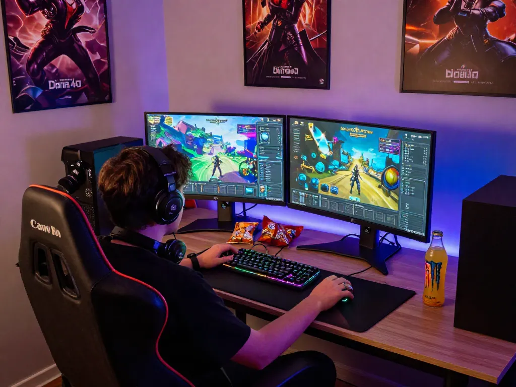 Suasana permainan online diana4d dengan gamer di kursi stylish dan monitor ganda.